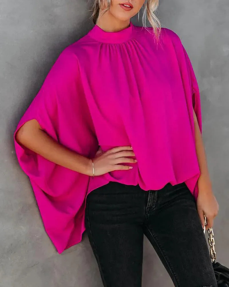 Women's Cape Sleeve Oversize Blouse Tie Closure High Neckline Caftan Body Loose Tops