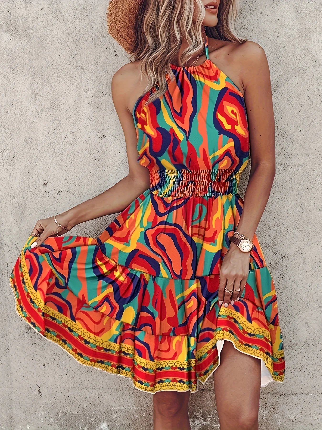 Plus Size 2024 Fashion Casual Vacation Women's Dress Elegant Sexy Off the Shoulder Halter Strap High Waist A-line Mini Dress