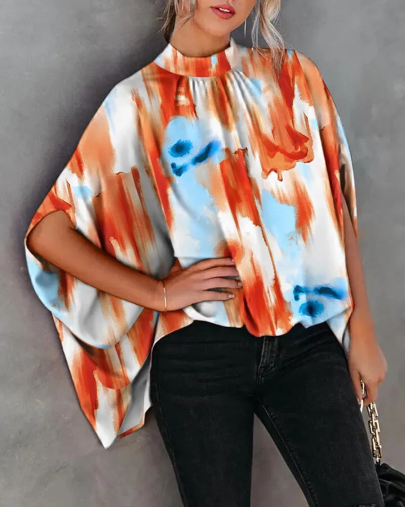 Women's Cape Sleeve Oversize Blouse Tie Closure High Neckline Caftan Body Loose Tops