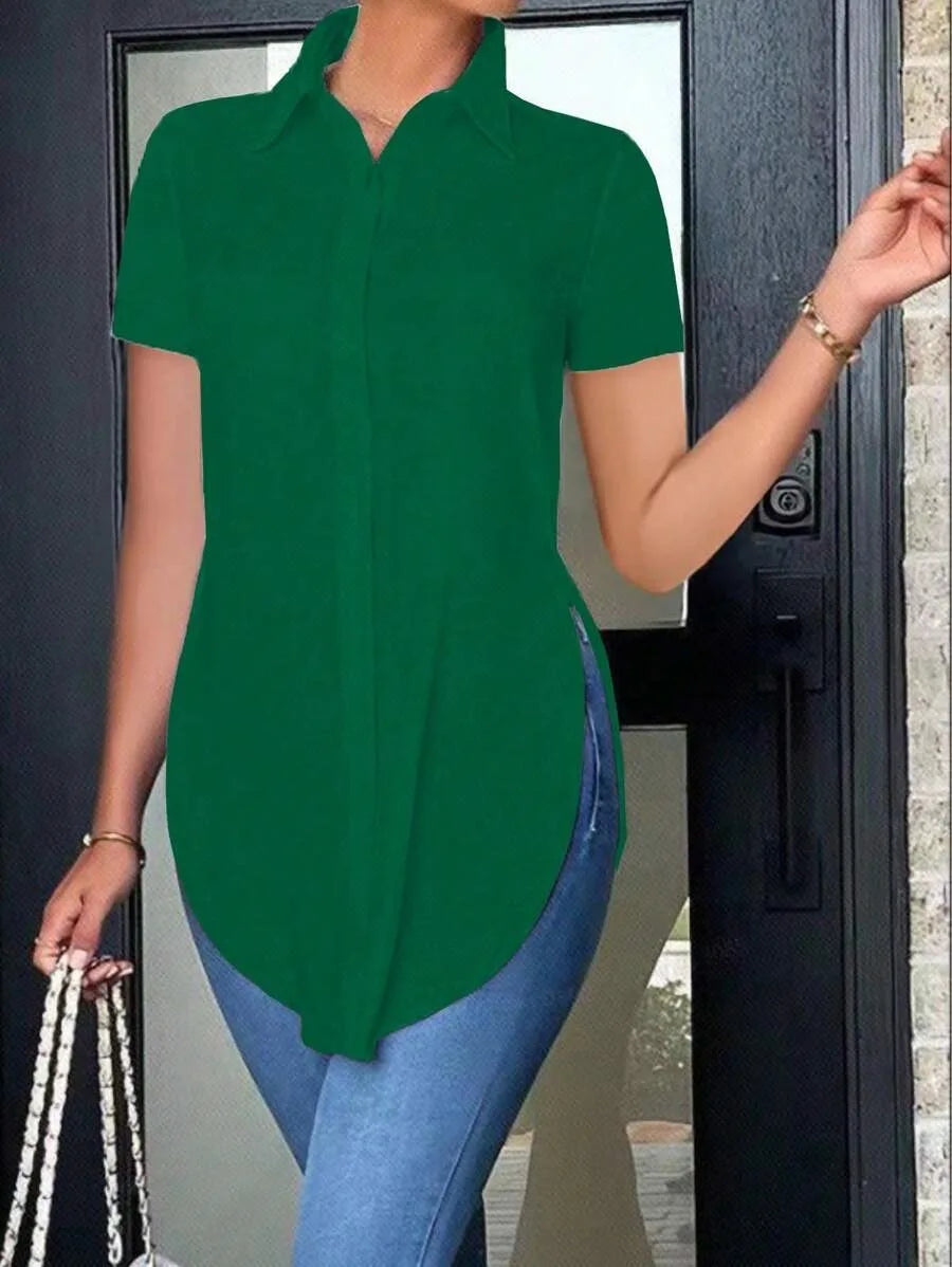 2024 Solid Button Front Shirt Casual Turn Down Collar Office Work Shirt Women's Clothing