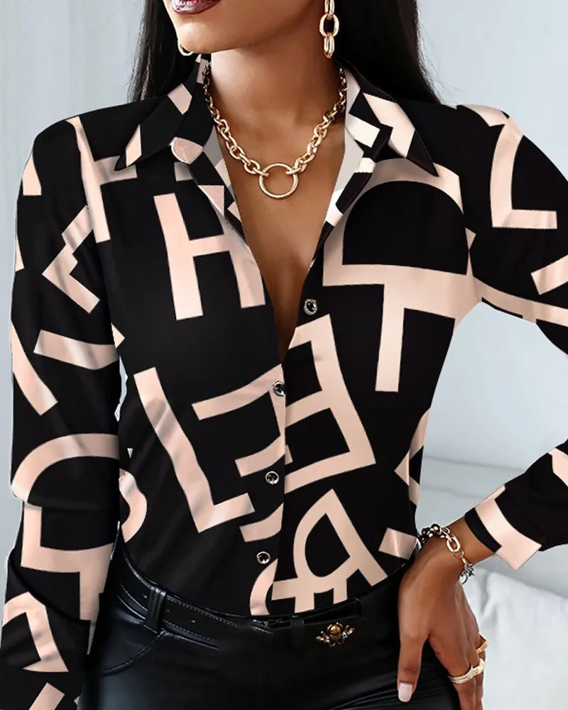 Elegant Women's Fashion Blouse 2023 Spring/Summer Digital Print Shirt Commuter Slim Fit Office Female Tops