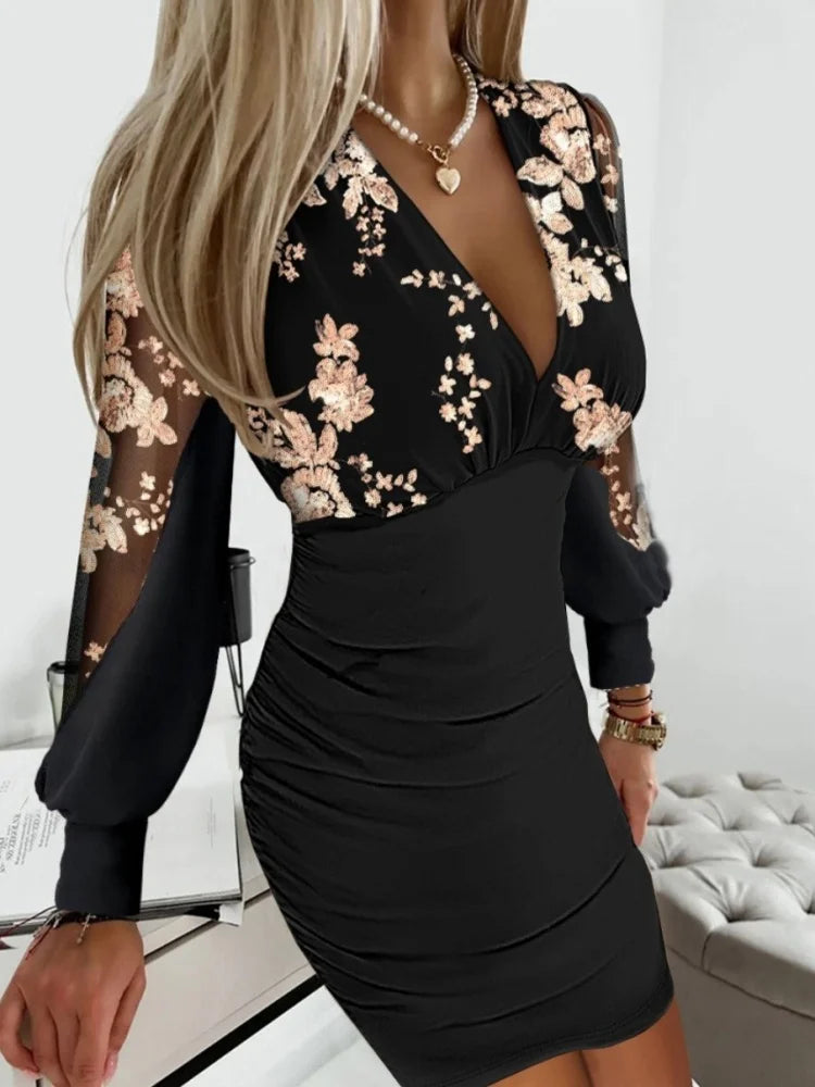 2024 Deep V-Neck Solid Party Dress Women Loungewear Long Lantern Sleeve Mini Dress Spring Autumn Fashion Ladies Sheath Dress
